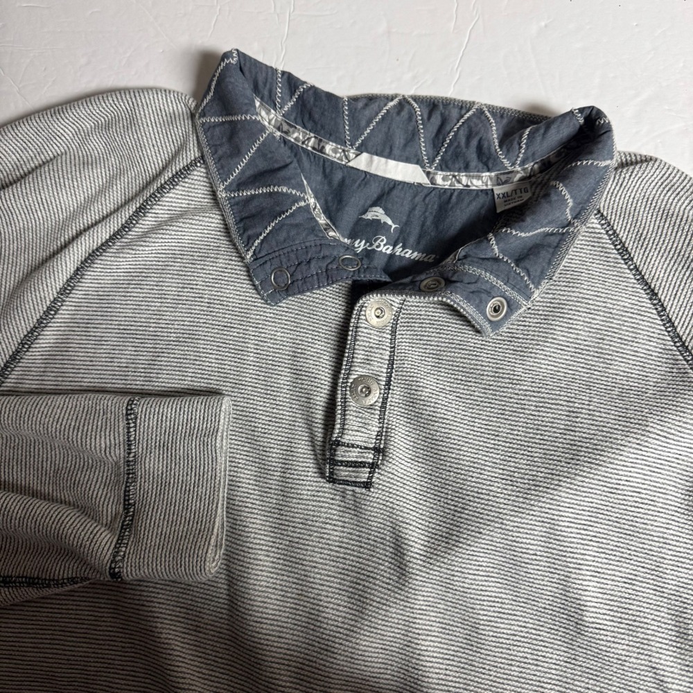 Tommy Bahama Mens XXL‎ Gray Striped Button Mock Neck Long Sleeve Shirt